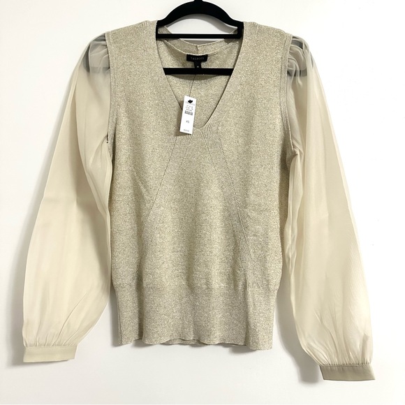 Talbots Metallic Gold Woven Sleeve V Neck Pullover Size XS - Picture 2 of 5